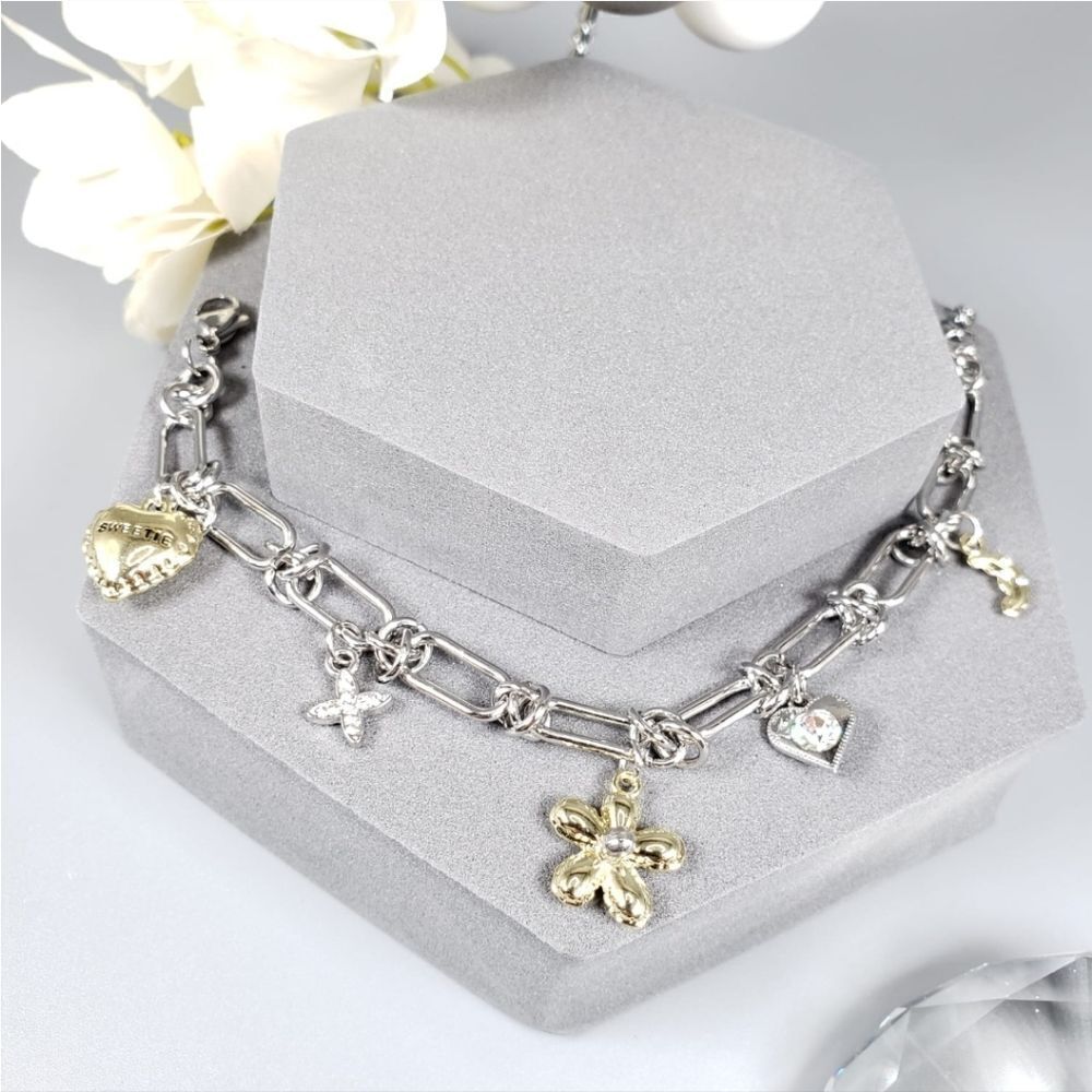 Brand New S925 Silver Hearts & Stars Charms Bracelet
